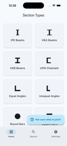 Steel Section Calculator home screen, showing a grid of section types
