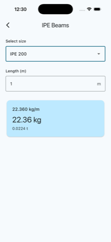Steel Section Calculator computing the weight of an IPE 200 beam