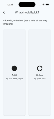 Steel Section Calculator's identify wizard, asking whether a part is solid or hollow